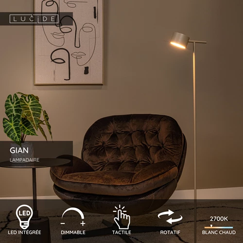 Lucide GIAN - Lampadaire - LED Dim. - 1x9W 2700K - Taupe - USP